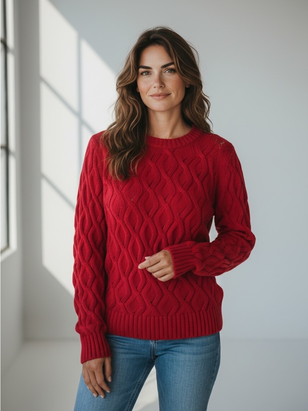 Petite Sophisticate red cable knit sweater